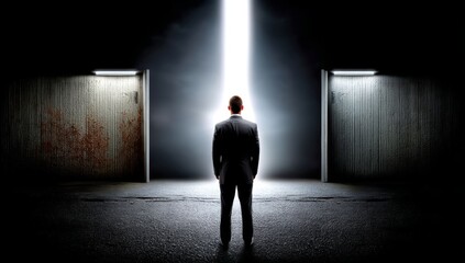Fototapeta premium Businessman Standing Between Two Doors Representing Success or Solitude