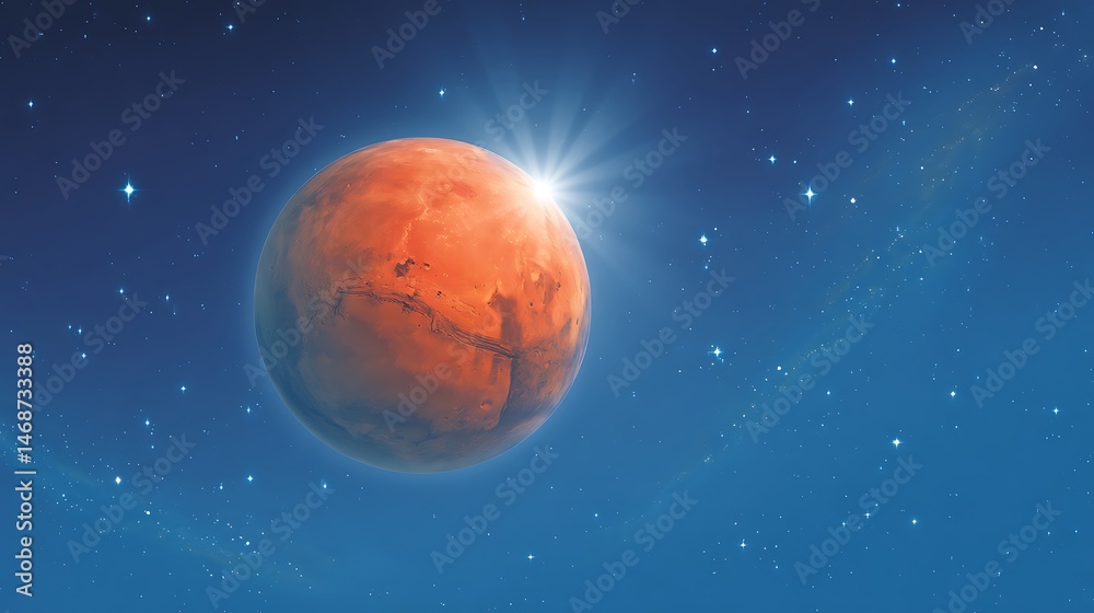 Aufkleber the planet mars in red on a bright blue background with bright stars