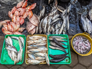 Traditional fish market selling local fresh seafood 