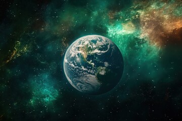 Fototapeta premium Digital art of Earth seen from space showcases vibrant colors and celestial beauty, Digital art, Earth from space, capturing the planets dynamic colors