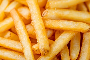 CloseUp Pile Of Golden Fried Potatoes with Salt Details Fresh Food