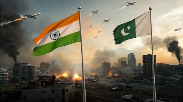 Indian Pakistan War, Indian and Pakistani flags war devastation amidst a city ravaged by conflict, airplanes jets missiles attack, symbolizing international tension and geopolitical unrest