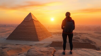 A traveler with a backpack admires the pyramids of Egypt at sunset, overlooking the desert landscape and city skyline.