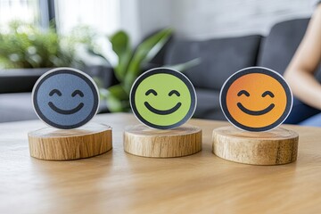 Three happy face stickers on wooden bases