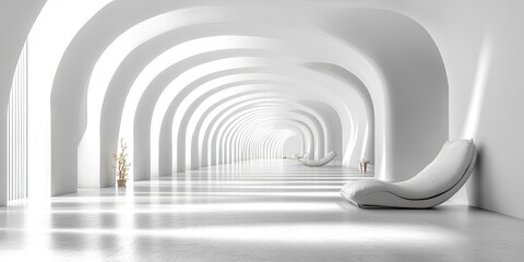 Fototapeta premium Empty, white arched hallway with a modern lounge chair.