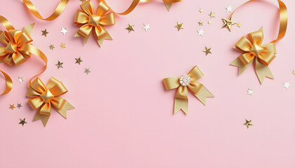 Fashion mockup with golden bows, serpentine and star confetti on pink pastel table top view. Flat lay card for birthday, christmas or wedding , with white tonespng
