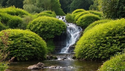 country side house, many footpaths with neat hedge flowers, small river, waterfall, forest background, high quality photo type