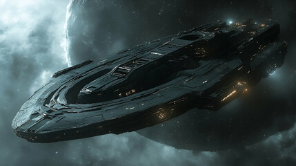 Futuristic spacecraft in a deep space environment.
