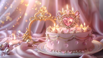 Fototapeta premium Romantic Pink Birthday Cake with Crystal Heart Crown and Candlelight 