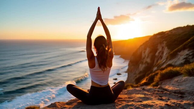 Sunset Yoga Session on a Cliffside After a Productive Day
