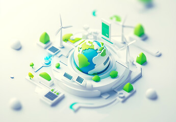 3D isometric icon, green energy, circular flow diagram with arrows around the Earth and icons of wind turbines