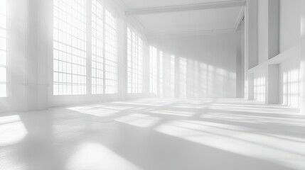 Bright white room with large windows lets in soft light patterns. Use as a blank canvas or to add graphic elements.