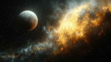 Obraz premium Cosmic clash of planets. Fiery celestial bodies amidst nebulae