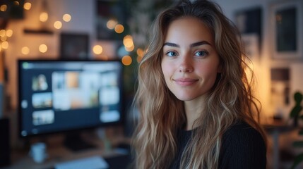 Naklejka premium Young woman adjusting webcam before virtual presentation in Scandinavian-style workspace with minimal decor 