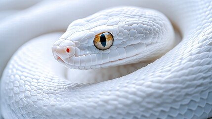 Fototapeta premium Albino snake coiled, studio shot, close-up, blurred background