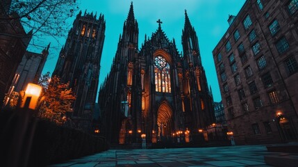 Fototapeta premium A nighttime view featuring an ornate gothic cathedral structure