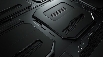 Futuristic, dark, metallic panels with intricate, detailed design