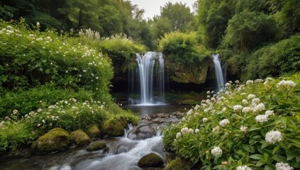 Obraz premium country side house, many footpaths with neat hedge flowers, small river, waterfall, forest background, high quality photo type