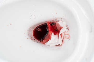 Blood from hemorrhoids or menstruation in the flushed. Clean flush toilet after the stools that are bleeding because of hemorrhoids. Blood from hemorrhoids or menstruation in the flushed toilet.