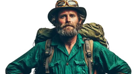 Png of A rugged middle-aged Caucasian man in a green shirt stands confidently with a backpack, embodying the spirit of adventure.