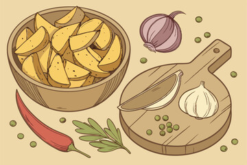 11 Roasted potato wedges, rustic wooden bowl, round cutting board, red chili peppers, whole garlic cloves, purple onion, green parsley sprigs, peas, spices, warm golden tones, food photography, high d