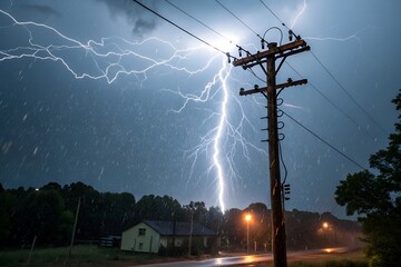 Dramatic Lightning Strike near Power Line during a Night Rainstorm