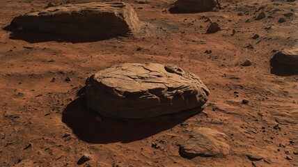 A desolate landscape featuring large rocks and a cracked surface under warm lighting conditions