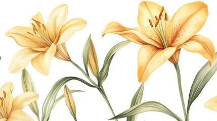 Obraz premium Elegant Botanical Illustration of Golden Lily Flowers on White Background