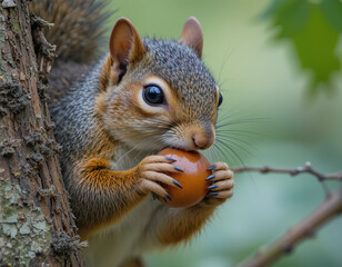 Fototapeta premium Squirrel Eating Acorn on Tree Branch