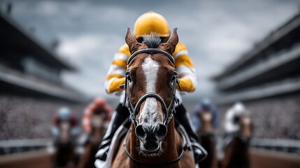 Dynamic close-up of a jockey in yellow racing at full speed, flanked by competitors on a vibrant red track with an excited crowd.