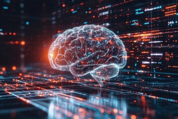 Digital representation of the human brain glowing with data connections in a modern technology environment, A digital representation of the human brain, with glowing circuitry and data flowing