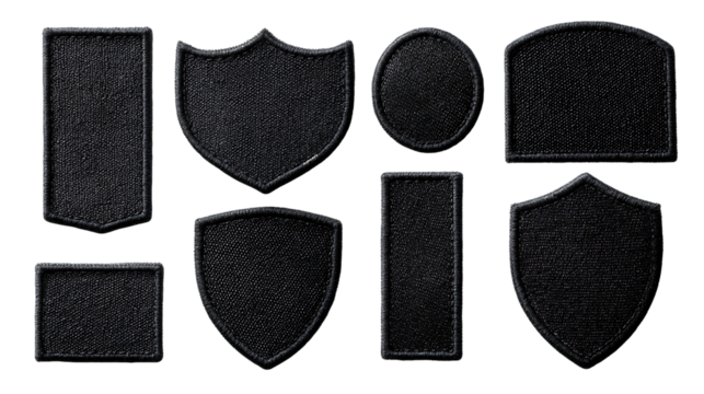 Black Embroidered Patches Collection Various Shapes Transparent Background, PNG