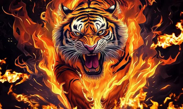 Fierce tiger roaring in flames displays raw power