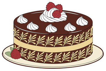 13 Photorealistic chocolate cake, ganache glaze, whipped cream swirls, fresh raspberries, golden leaf pattern, round cake, elegant dessert, soft lighting, high detail, food photography, mouthwatering,