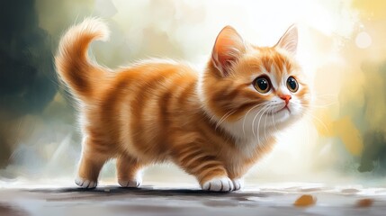 Cute ginger kitten walking outdoors, bokeh background