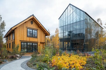 Obraz premium A traditional wooden house alongside a modern, eco-friendly building made of glass and steel