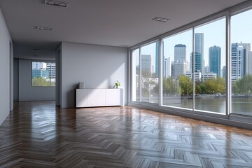 Fototapeta premium Large Empty Room with Floor-to-Ceiling Windows Overlooking City Skyline
