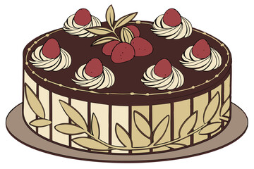 13 Photorealistic chocolate cake, ganache glaze, whipped cream swirls, fresh raspberries, golden leaf pattern, round cake, elegant dessert, soft lighting, high detail, food photography, mouthwatering,