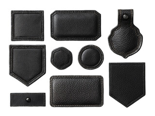 Black Leather Patches Collection: Various Shapes and Stitching Details, PNG