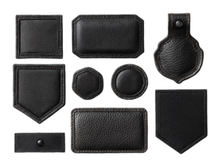Black Leather Patches Collection: Various Shapes and Stitching Details, PNG