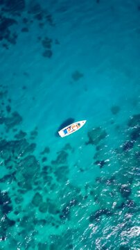 Vertical shot of a boat in the turquoise water