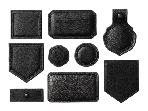 Black Leather Patches Collection: Various Shapes and Stitching Details, PNG