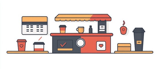 Red and Black Coffee Cart Illustration with Calendar and Drinks