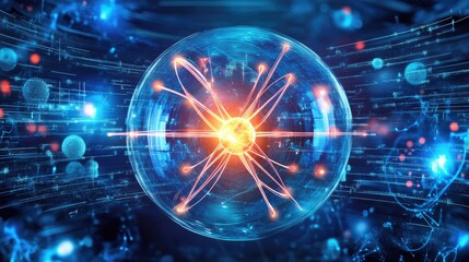 Fototapeta premium Atomic structure visualized with complex data overlay