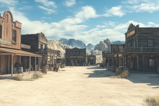 Dusty western desert town features wooden saloons and rugged landscapes under a bright sky, dusty western desert town with wooden saloons, Seamless ing Photo background - Powered by Adobe