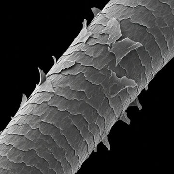 Human hair strand close up with cuticle scales and damage, detailed microscopic view showing texture and structure clearly