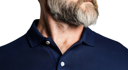 Png of Close-up of a mature man with a well-groomed beard, wearing a navy polo shirt, captured in a thoughtful pose.