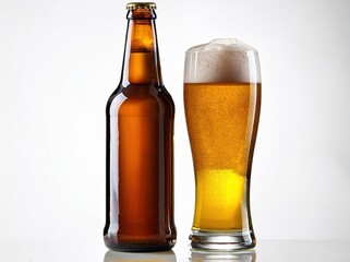 Elegant craft beer bottle standing upright next to a filled beer glass, isolated on a white background