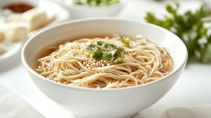 Noodle soup in a white bowl
