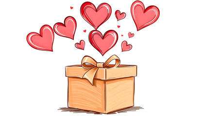 A box with a bow from which hearts fly out, the concept of holiday greetings. Illustration done by hand , with white tonespng